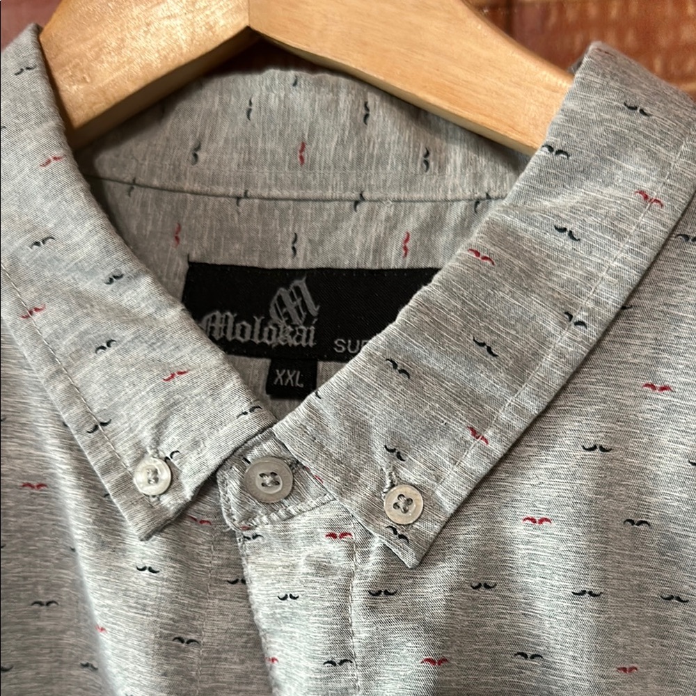 Molokai Surf Co Mustache Grey Button Down Shirt XXL Novelty Print